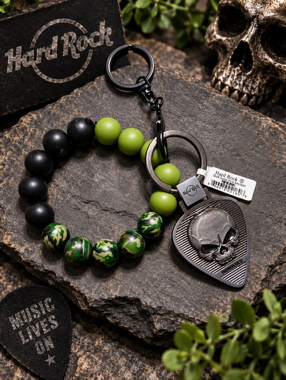 Hard Rock Skull Guitar Pick Keychain with Green Camouflage Beads NEW